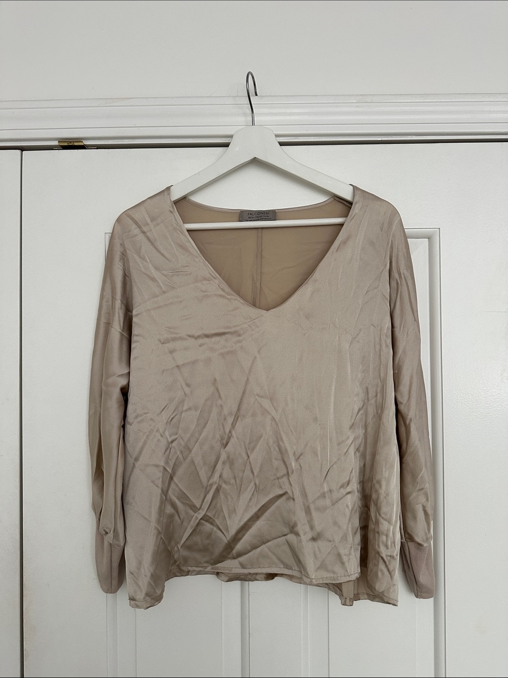 Falconeri Seta Collection Beige Silk V Neck Long Sleeve Blouse